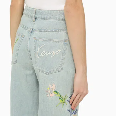 Shop Kenzo Light Jeans With Denim Flower Embroidery In Grey