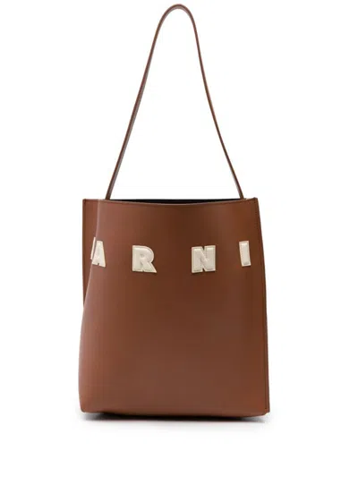 Shop Marni Museo Logo-patch Leather Bag In Moca/ivory