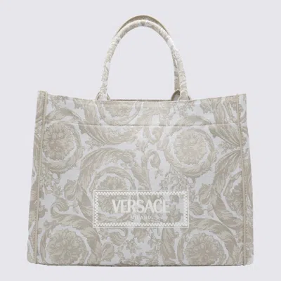 Shop Versace Beige Cotton Blend Barocco Tote Bag