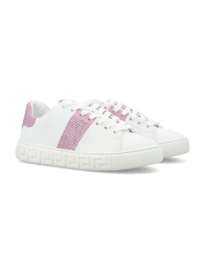 Shop Versace Crystal Greca Sneakers In White + Pink
