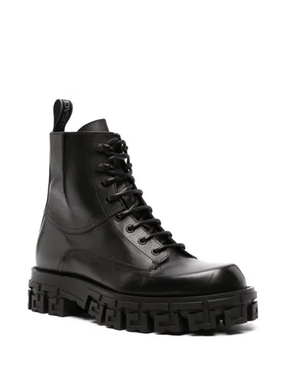 Shop Versace Leather Lace-up Ankle Boots In Black