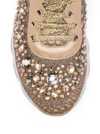 Shop René Caovilla Swarovski Crystal-embellished Lace Sneakers In Beige