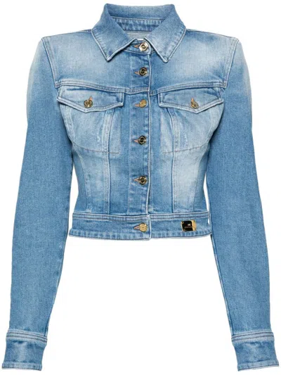Shop Elisabetta Franchi Cotton Denim Jacket With Shoulder Straps In Blue