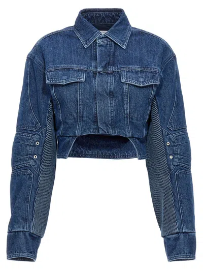 Off-white Cropped Denim Moto Jacket With Front Cutout In Blue