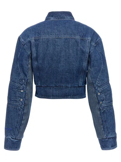 Off-white Cropped Denim Moto Jacket With Front Cutout In Blue
