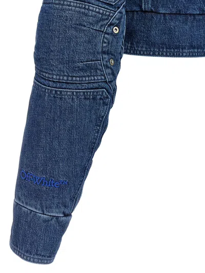 Off-white Cropped Denim Moto Jacket With Front Cutout In Blue