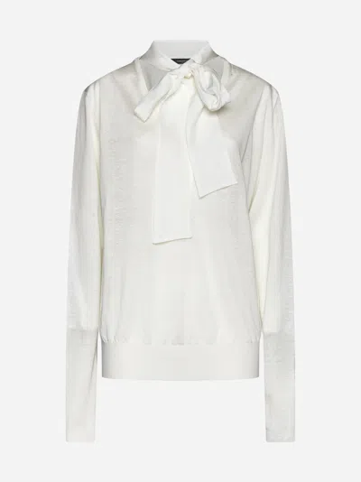 Shop Fabiana Filippi Pussy Bow Neck Linen And Silk Sweater In White