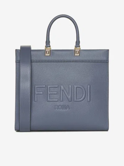 Shop Fendi Sunshine Leather Medium Tote Bag In Blue
