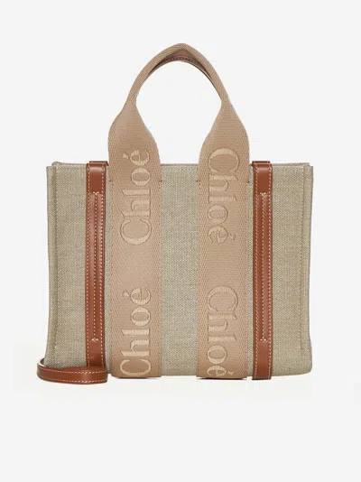 Shop Chloé Woody Linen Small Tote Bag In Soft Tan
