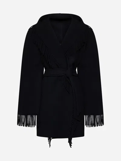 Shop Balenciaga Fringed Wool Coat In Black