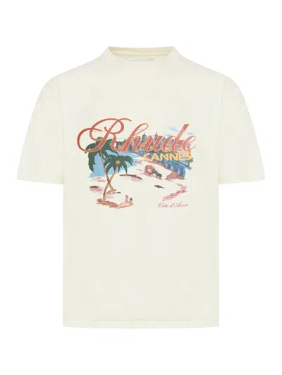 Shop Rhude Cannes Beach-print Cotton T-shirt In White