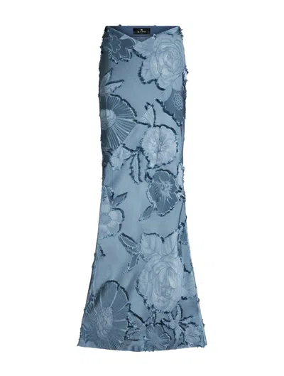 Shop Etro Long Jacquard Floral Skirt In Blue
