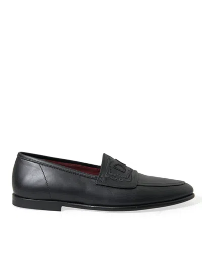 Shop Dolce & Gabbana Black Leather Logo Embroidery Loafers Dress Shoes