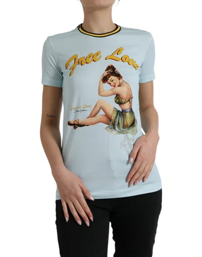 Dolce & Gabbana Light Blue Cotton Free Love Crew Neck T-shirt In Blue