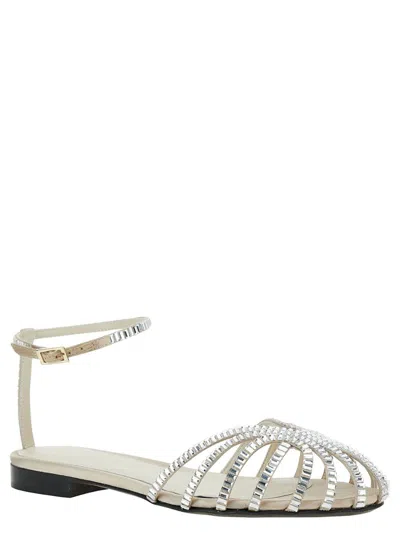 Shop Alevì 'rebecca' White Sandals With Crystals In Viscose And Silk Woman In Grey