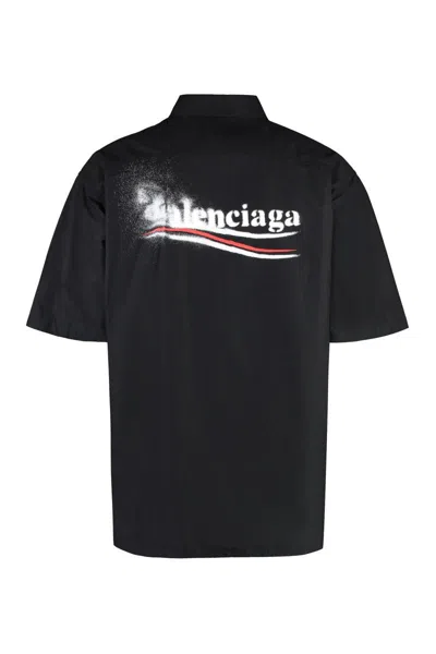 Shop Balenciaga Short Sleeve Cotton Shirt In Black