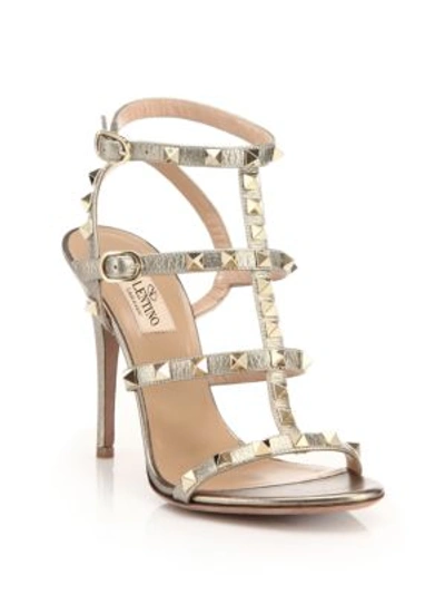 Valentino Garavani Rockstud Metallic Leather Gladiator Sandals In Gold