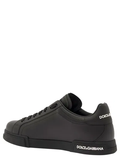 Shop Dolce & Gabbana 'portofino' Black Low Top Sneakers With Contrasting Logo Detail In Leather Man