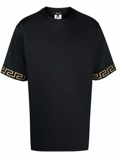 Shop Versace Black Crewneckt-shirt With Contrasting Greca Motif In Stretch Polyamide Man