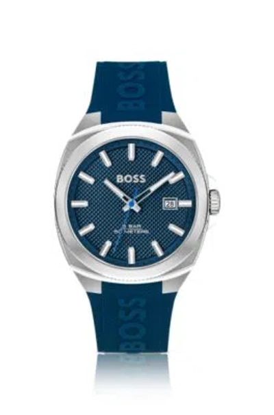 Shop Hugo Boss Silicone-logo-strap Watch With Blue Guilloch Dial Men's Watches In Assorted-pre-pack