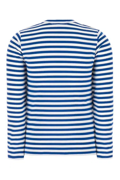 Shop Comme Des Garçons Logo Striped Cotton T-shirt In Blue