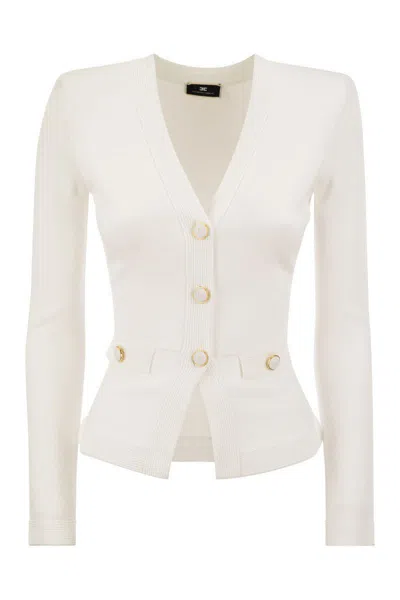 Shop Elisabetta Franchi Shiny Viscose Cardigan With Twin Buttons In Ivory