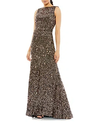 Shop Mac Duggal Cowl Back Boat Neck Sequined Evening Gown In Bronze