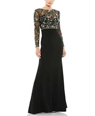 Shop Mac Duggal Beaded Illusion High Neck Trumpet Gown In Black Multi