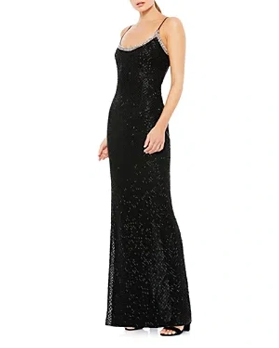 Mac Duggal Rhinestone Encrusted Scoop Neckline Beaded Gown In Black