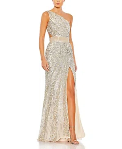 Shop Mac Duggal Sequined One Shoulder Draped Lace Up Gown In Nude Silver-tone