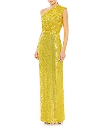 Shop Mac Duggal Sequined Ruched One Shoulder Gown In Yellow