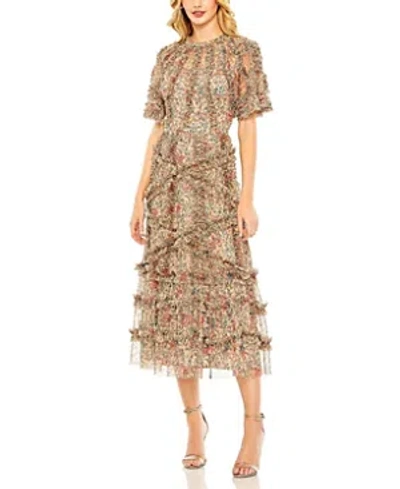 Shop Mac Duggal Women's Floral Flutter Sleeve Mesh Print Dress In Beige Multi