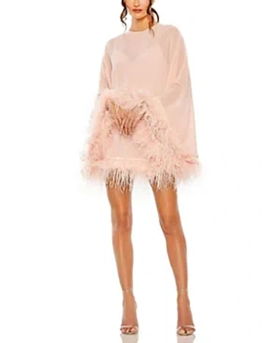 Mac Duggal Long Sleeve Feather Trim Trapeze Minidress In Porcelain