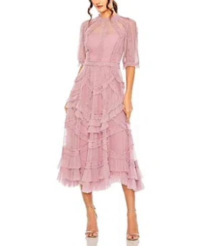 Shop Mac Duggal High Neck Puff Sleeve Ruffle Tiered Dress In Antique Rose