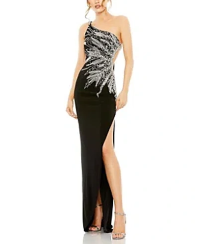 Mac Duggal One-shoulder Sleeveless Gown With Thigh Slit And Luxe Embellishments In Black