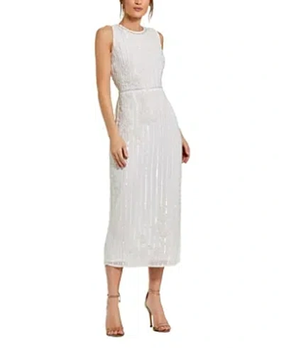 Mac Duggal Striped Floral Embellished Sleeveless Midi Dress In White