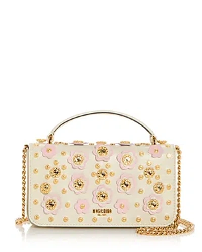 Shop Moschino Floral Stud Leather Shoulder Bag In Beige Multi