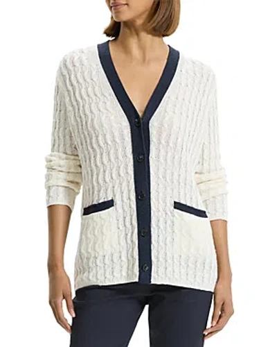 Shop Theory Contrast Cable Knit Cardigan In Nocturne Navy/bone