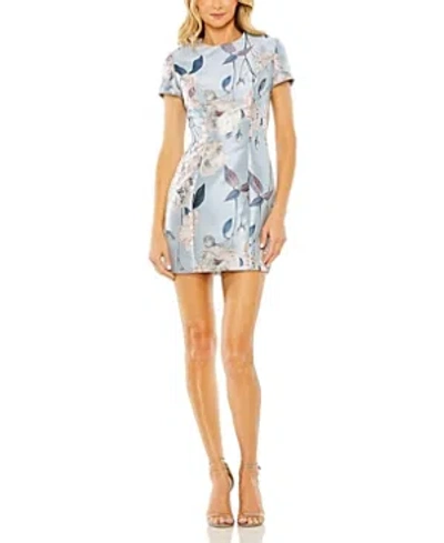 Shop Mac Duggal Women's Short Sleeve Fitted Floral Mini Dress In Blue Multi