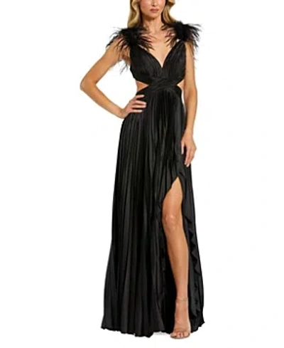 Shop Mac Duggal Pleated Feather Cap Sleeve Open Back Gown In Black