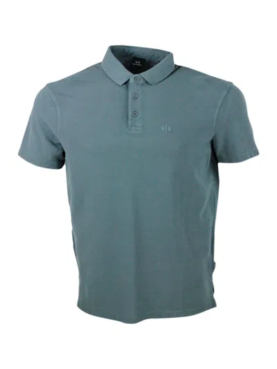 Shop Armani Collezioni 3-button Short-sleeved Pique Cotton Polo Shirt With Logo Embroidered On The Chest In Military