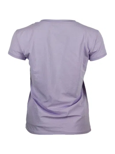 Shop Armani Collezioni Short-sleeved Crew-neck T-shirt With Logo On The Chest In Stretch Cotton And Lurex Logo Writing In Lilac