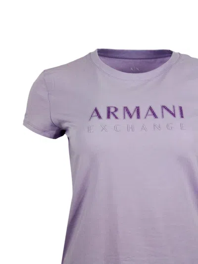 Shop Armani Collezioni Short-sleeved Crew-neck T-shirt With Logo On The Chest In Stretch Cotton And Lurex Logo Writing In Lilac