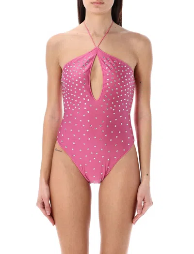 Shop Oseree Gem Necklace Maillot Swimsuit In Flamingo Pink