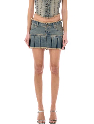 Shop Misbhv Denim Pleated Mini Skirt In Blue Sand