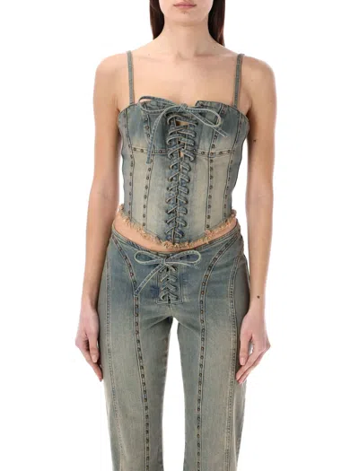 Shop Misbhv Lara Laced Studded Corset In Blue Sand