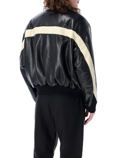 Shop Fear Of God Leather Moto Stripe Bomber Jacket In Black