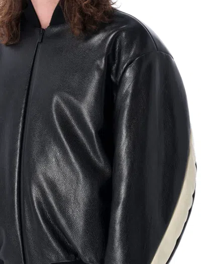 Shop Fear Of God Leather Moto Stripe Bomber Jacket In Black