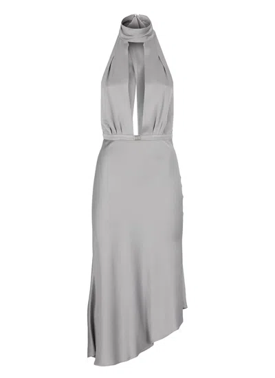 Shop Elisabetta Franchi Satin Dress With Asymmetric Skirt In Grey