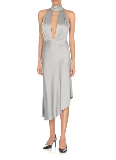 Shop Elisabetta Franchi Satin Dress With Asymmetric Skirt In Grey